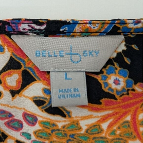 Belle & Sky Bird Paisley Blouse Womens Size Large Black Knotted Tie Front - Picture 8 of 14